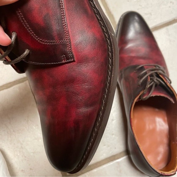 Handmade Premium Leather Oxfords Dress Shoes Pointed Toe Burgundy Tie-dye Effect - Picture 11 of 12